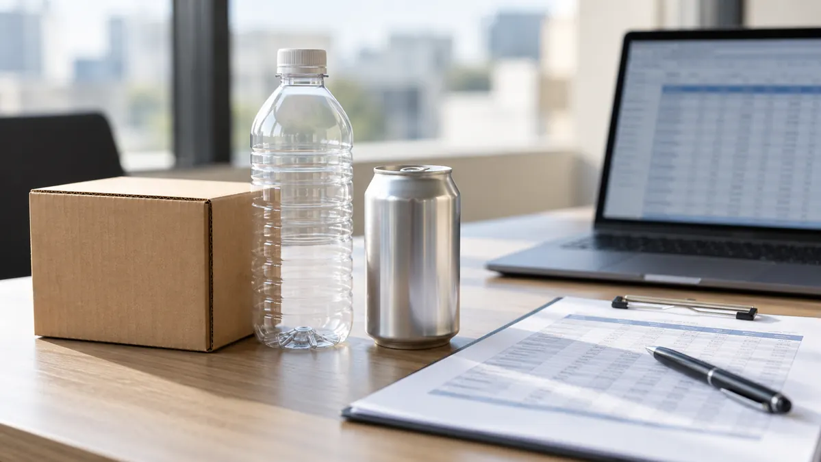 Caja de cartón, botella de plástico y lata junto a una hoja de cálculo para preparar la declaración de envases